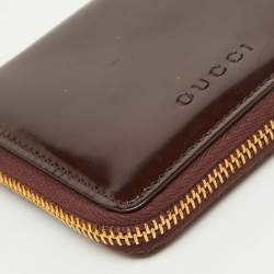 Gucci Dark Brown Leather Compact Bamboo Zip Around Wallet