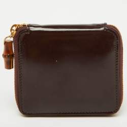 Gucci Dark Brown Leather Compact Bamboo Zip Around Wallet