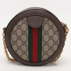Pre Owned Gucci Brown/Beige GG Supreme Canvas and Leather Mini Ophidia Round Bag