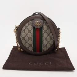 Pre Owned Gucci Brown/Beige GG Supreme Canvas and Leather Mini Ophidia Round Bag