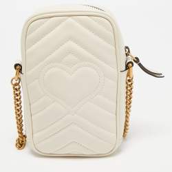 Pre Owned Gucci Off White Matelassé Leather Mini GG Marmont Shoulder Bag
