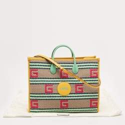 مملوكة مسبقًا Gucci Multicolor Square G Embroidered Fabric Capri Striped Tote