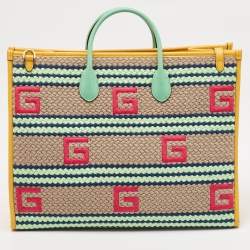 مملوكة مسبقًا Gucci Multicolor Square G Embroidered Fabric Capri Striped Tote