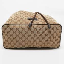 Pre Owned Gucci Beige/Brown GG Canvas and Leather Drawstring Backpacks