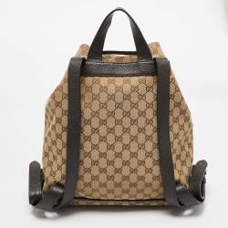 Pre Owned Gucci Beige/Brown GG Canvas and Leather Drawstring Backpacks