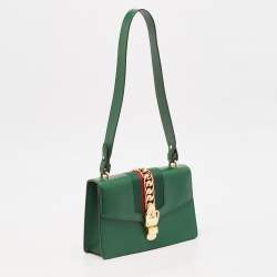 Pre Owned Gucci Green Leather Small Web Chain Sylvie Shoulder Bag