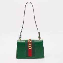 Pre Owned Gucci Green Leather Small Web Chain Sylvie Shoulder Bag