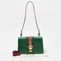 Pre Owned Gucci Green Leather Small Web Chain Sylvie Shoulder Bag