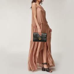 Pre Owned Gucci Black Chevron Leather GG Marmont Flap Clutch