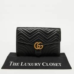 Pre Owned Gucci Black Chevron Leather GG Marmont Flap Clutch