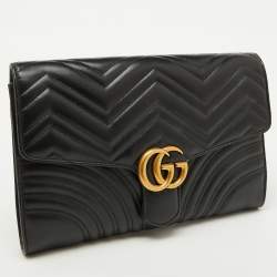 Pre Owned Gucci Black Chevron Leather GG Marmont Flap Clutch