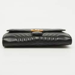 Pre Owned Gucci Black Chevron Leather GG Marmont Flap Clutch