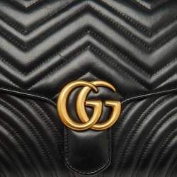 Pre Owned Gucci Black Chevron Leather GG Marmont Flap Clutch