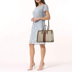 Pre Owned Gucci Beige/Ebony GG Supreme Canvas and Leather Medium Ophidia Tote