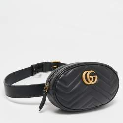 Pre Owned Gucci Black Matelassé Leather GG Marmont Belt Bag