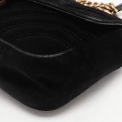 Pre Owned Gucci Black Matelassé Velvet Mini GG Marmont Shoulder Bag
