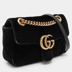 Pre Owned Gucci Black Matelassé Velvet Mini GG Marmont Shoulder Bag