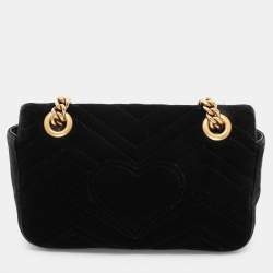 Pre Owned Gucci Black Matelassé Velvet Mini GG Marmont Shoulder Bag