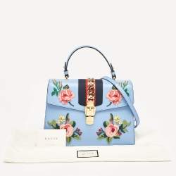Pre Owned Gucci Blue Leather Floral Embroidered Medium Sylvie Top Handle Bag