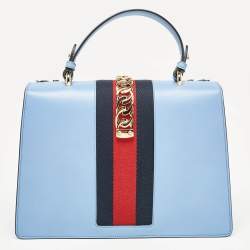 Pre Owned Gucci Blue Leather Floral Embroidered Medium Sylvie Top Handle Bag