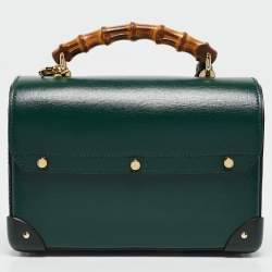 Pre Owned Gucci Green Leather Bamboo Padlock Top Handle Bag