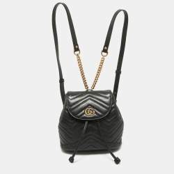 Gucci Black Matelassé Leather GG Marmont Drawstring Backpack