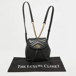 Gucci Black Matelassé Leather GG Marmont Drawstring Backpack