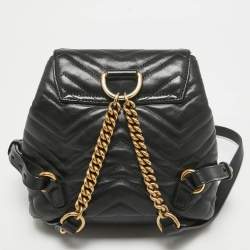 Gucci Black Matelassé Leather GG Marmont Drawstring Backpack