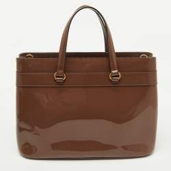 Pre Owned Gucci Brown Patent Leather Medium Bright Bit Tote