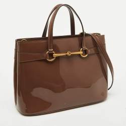 Pre Owned Gucci Brown Patent Leather Medium Bright Bit Tote