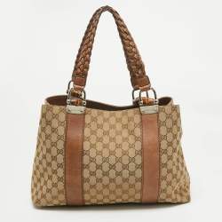 Pre Owned Gucci Beige/Brown GG Canvas and Leather Medium Bamboo Bar Tote