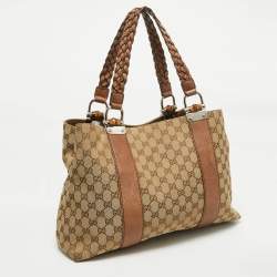 Pre Owned Gucci Beige/Brown GG Canvas and Leather Medium Bamboo Bar Tote