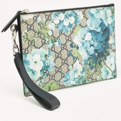 Gucci Blue/Beige GG Supreme Canvas and Leather Blooms Wristlet Pouch
