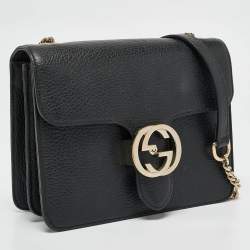 Pre Owned Gucci Black Leather Dollar Interlocking G Crossbody Bag