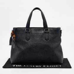 Pre Owned Gucci Navy Blue Leather Bamboo Tassel Tote