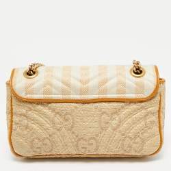 Pre Owned Gucci Cream/Orange Stripe GG Raffia and Leather Small GG Marmont Shoulder Bag