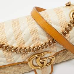 Pre Owned Gucci Cream/Orange Stripe GG Raffia and Leather Small GG Marmont Shoulder Bag