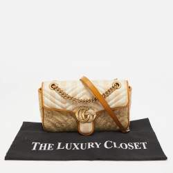 Pre Owned Gucci Cream/Orange Stripe GG Raffia and Leather Small GG Marmont Shoulder Bag