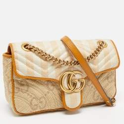 Pre Owned Gucci Cream/Orange Stripe GG Raffia and Leather Small GG Marmont Shoulder Bag