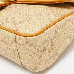 Pre Owned Gucci Cream/Orange Stripe GG Raffia and Leather Small GG Marmont Shoulder Bag