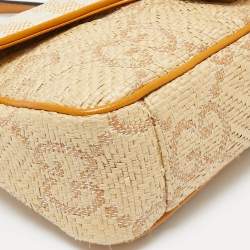 Pre Owned Gucci Cream/Orange Stripe GG Raffia and Leather Small GG Marmont Shoulder Bag