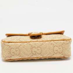 Pre Owned Gucci Cream/Orange Stripe GG Raffia and Leather Small GG Marmont Shoulder Bag