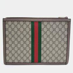 Gucci Beige Brown Coated Canvas Leather Supreme Portfolio Clutch Bag