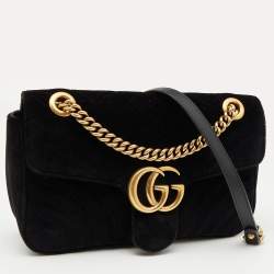 Pre Owned Gucci Black Matelasse Velvet Small GG Marmont Flap Shoulder Bag