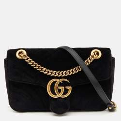 Pre Owned Gucci Black Matelasse Velvet Small GG Marmont Flap Shoulder Bag