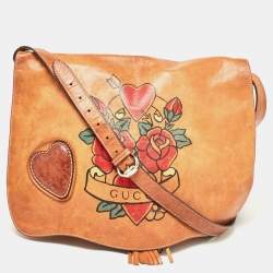 Pre Owned Gucci Brown Leather Tattoo Heart Tribeca Messenger Flap Bag