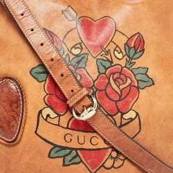 Pre Owned Gucci Brown Leather Tattoo Heart Tribeca Messenger Flap Bag