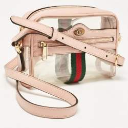 Pre Owned Gucci Light Pink Leather and PVC Mini Ophidia Crossbody Bag