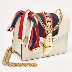 Pre Owned Gucci Off White Leather Mini Web Chain Sylvie Shoulder Bag