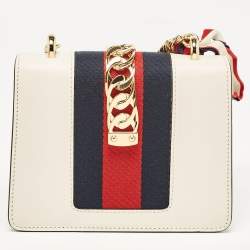 Pre Owned Gucci Off White Leather Mini Web Chain Sylvie Shoulder Bag